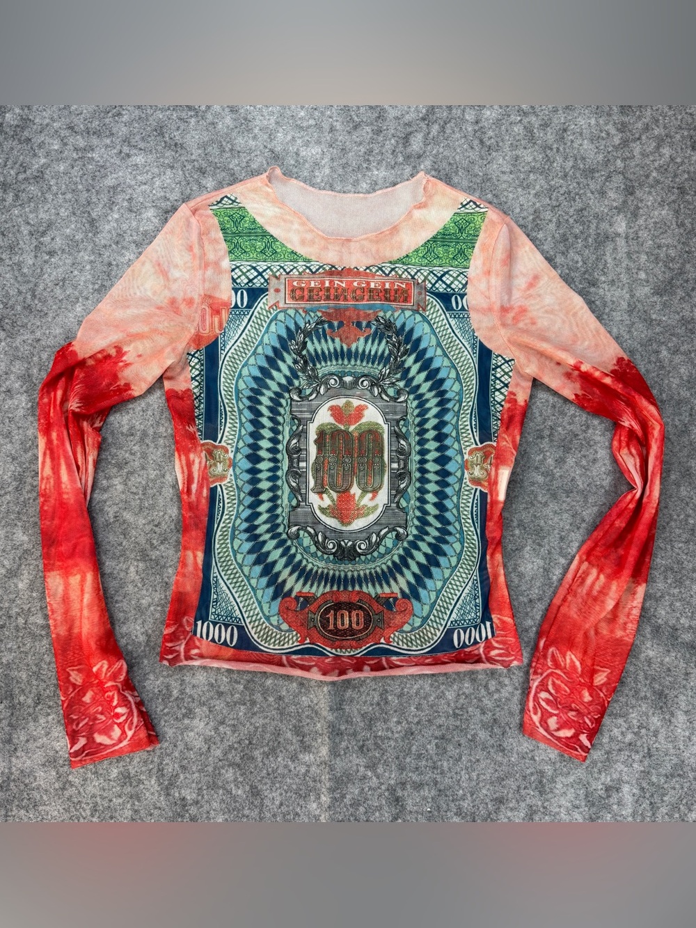 Women’s Multicolor Money Graphic Print Mesh T-Shirt Long Sleeve Grunge Y2k M